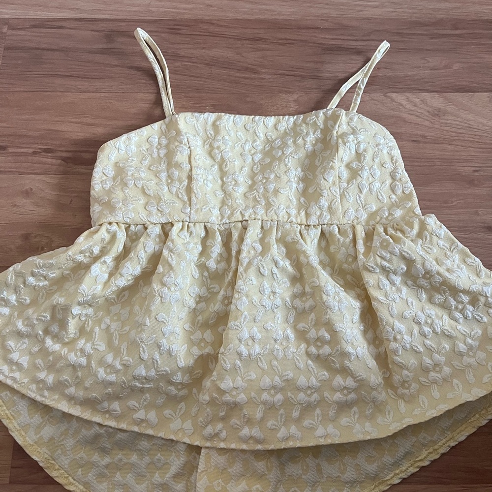 Yellow Floral Textured Spaghetti Strap Babydoll Top